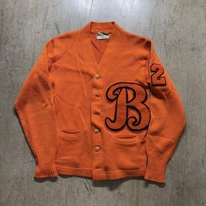 Vintage Milwaukee Knit Sweater Mens Small Orange Cardigan Letterman B Varsity
